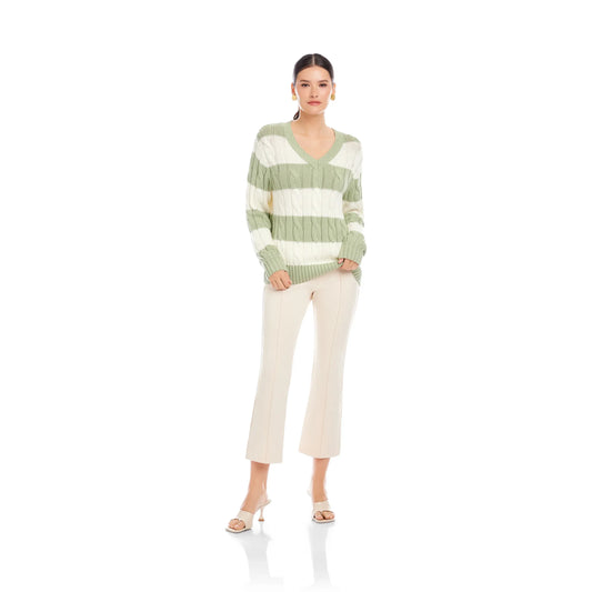 Fifteen Twenty Avalee Striped Cable Sweater in Sage and Cream