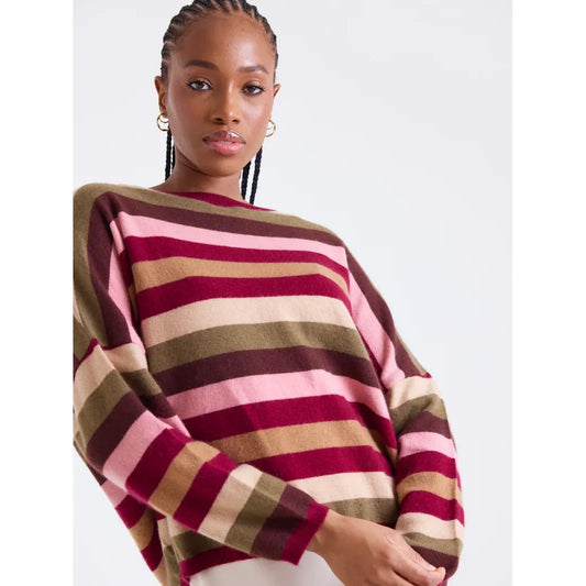 Brodie Stripe Up Cashmere Crew Neck Jumper in Autumn Stripes