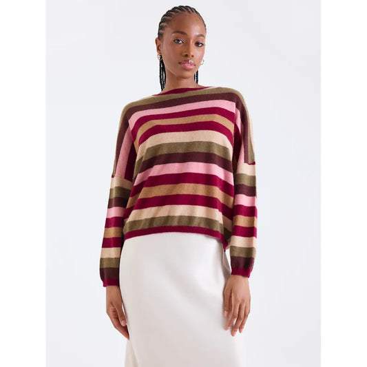 Brodie Stripe Up Cashmere Crew Neck Jumper in Autumn Stripes