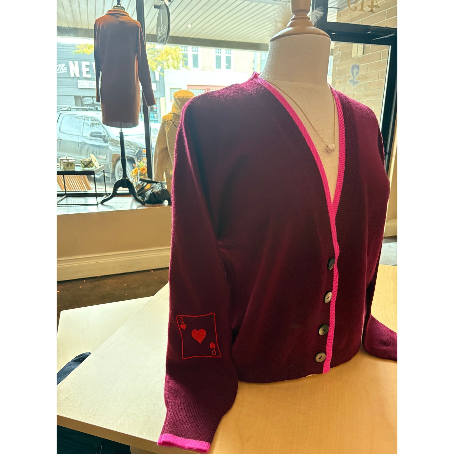 Brodie 100% Cashmere Queen of Hearts Cardi in Cherry