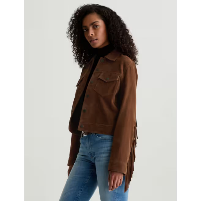 AG Jeans Molly Suede Fringe Truck Jacket in Toffee