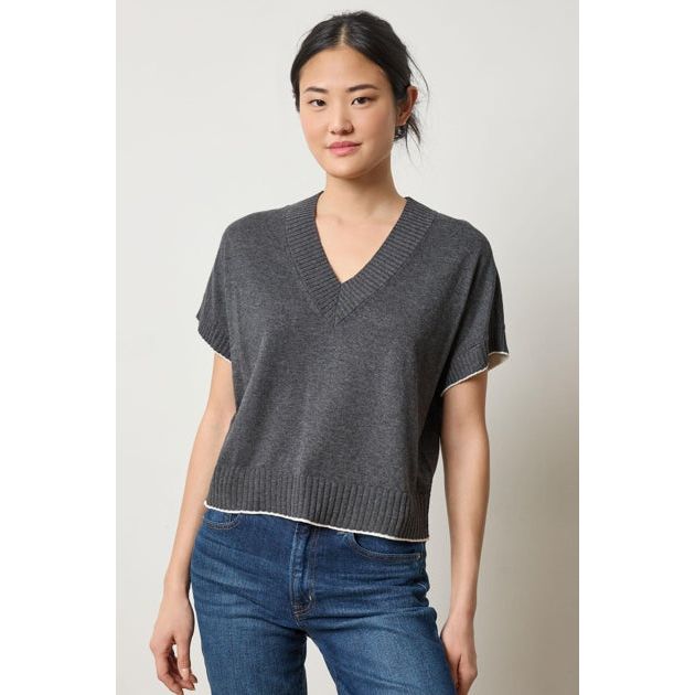 Lilla P Short Sleeve V-Neck Pullover Sweater in Licorice