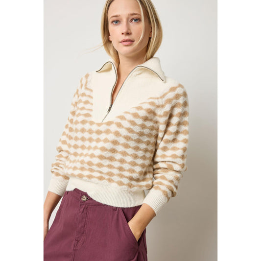 Lilla P Mixed Stitch Half Zip in Ivory Birch Stripe