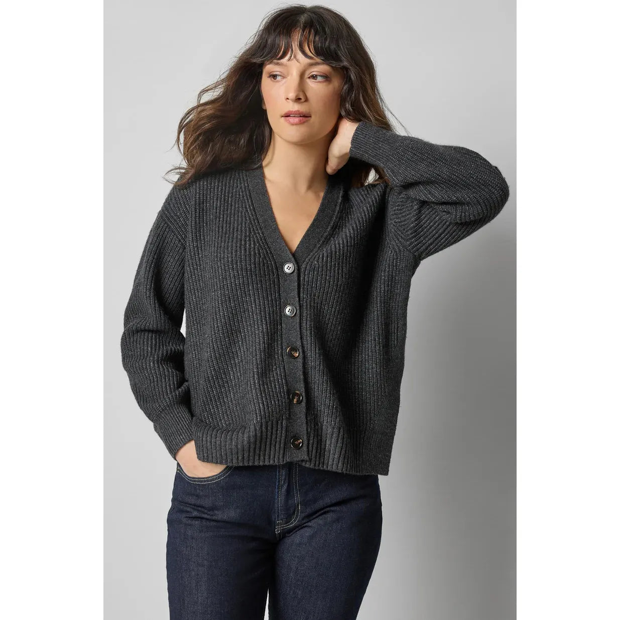 Lilla P Relaxed Side Vent Cardigan in Caviar