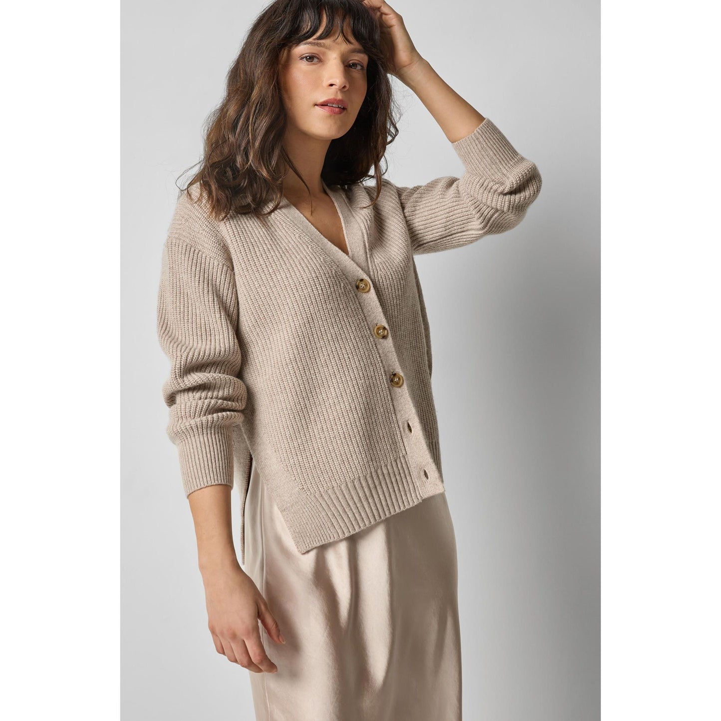 Lilla P Relaxed Side Vent Cardigan in Wheat