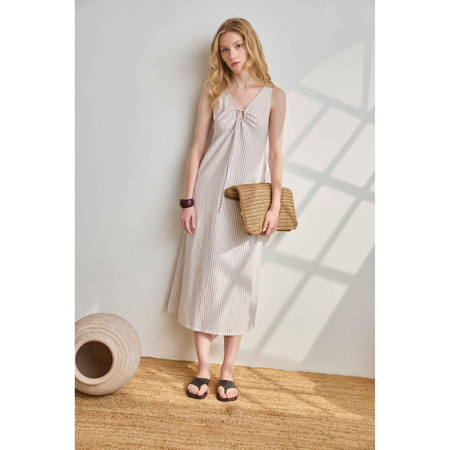 Lilla P Striped Keyhole Midi Dress in Bark Stripe