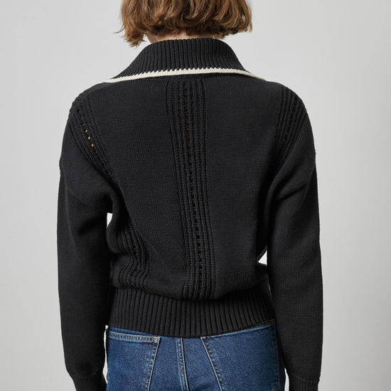 Lilla P Contrast Collar Zip Cardigan in Black PA3502
