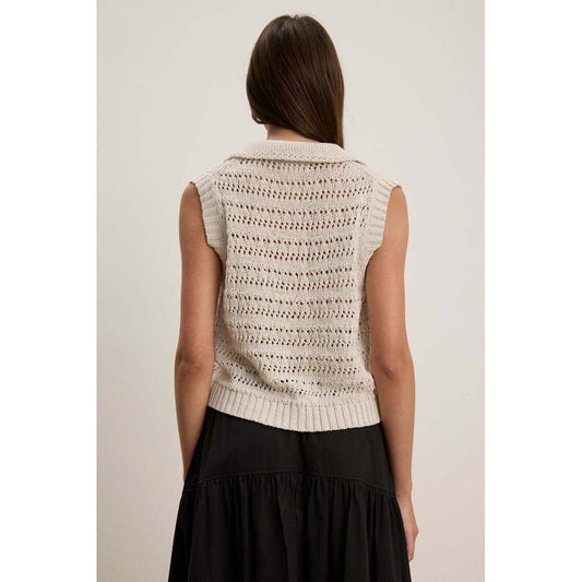 Velvet by Graham & Spencer Renee Cotton Crochet Polo Sweater in Chalk