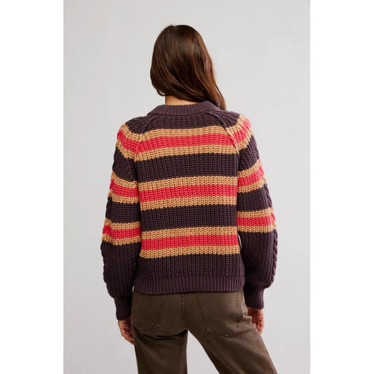 Free People Frankie 100% Cotton Cable Striped Pullover in Chocolate Combo