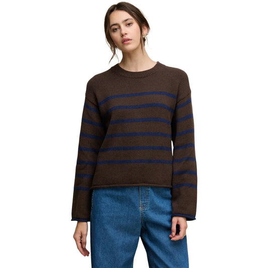 Velvet by Graham & Spencer Lucia Striped Crewneck Cotton Cashmere Sweater in Espresso