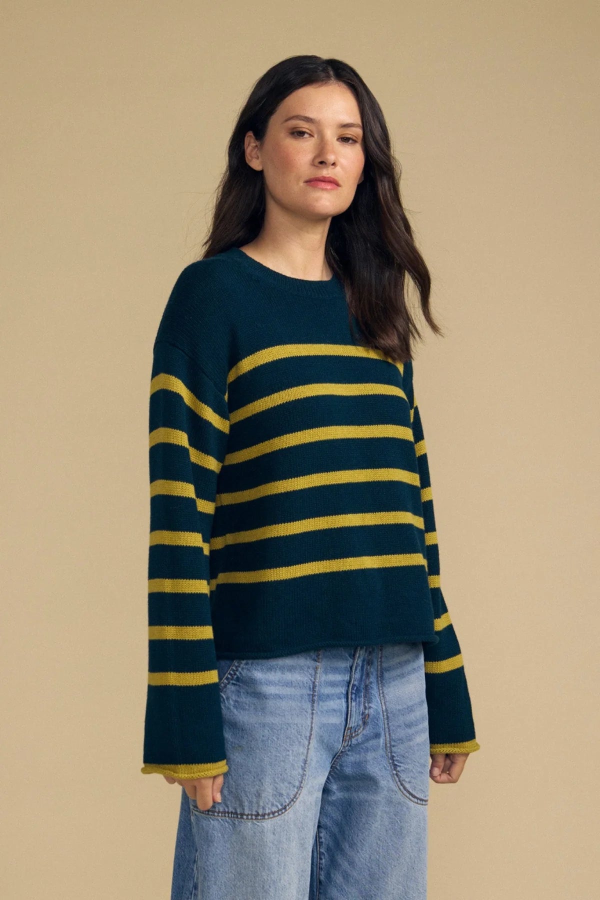 Velvet Lucia Cotton Cashmere Striped Sweater in Juniper