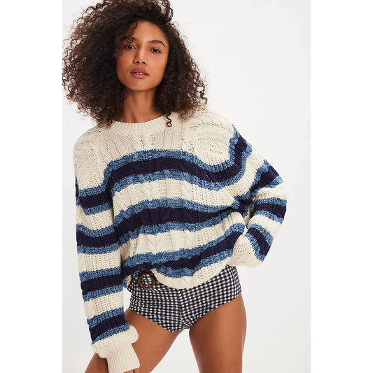 Free People Frankie 100% Cotton Cable Striped Pullover in Ivory Combo