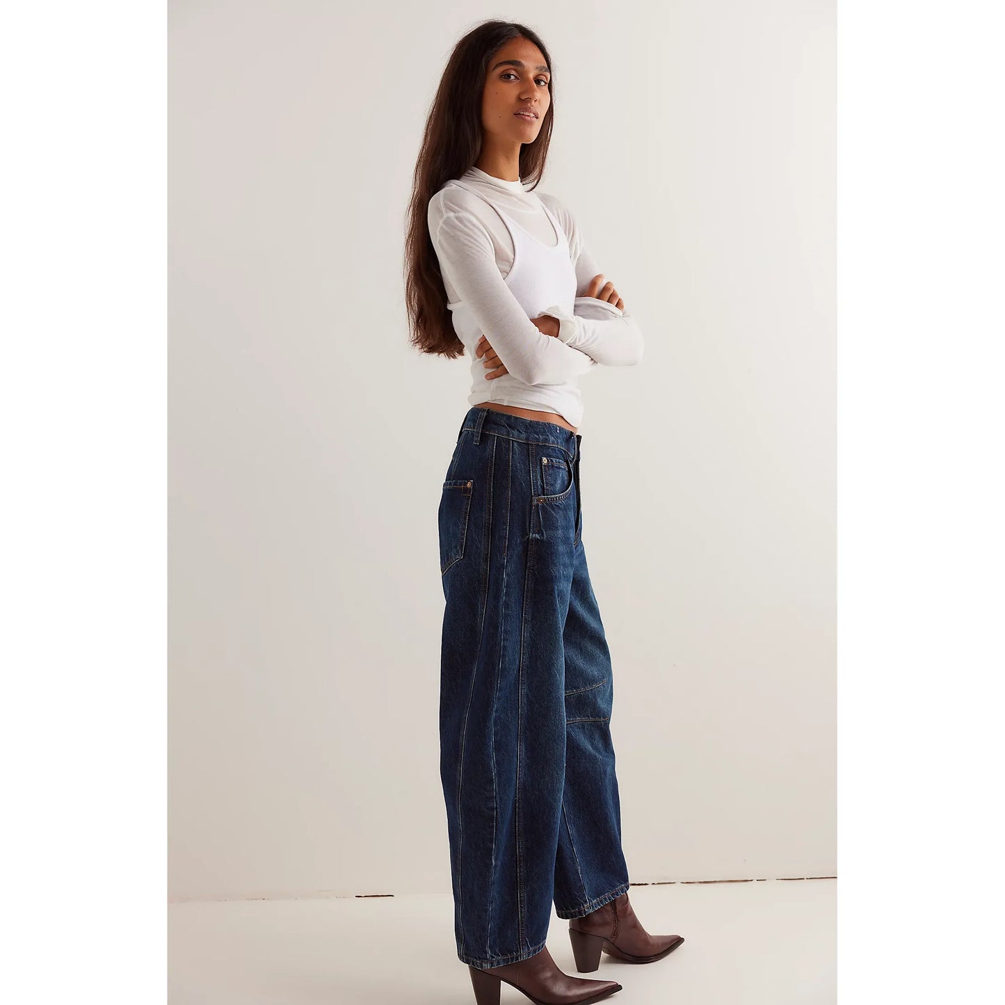 Free People Good Luck Mid Rise Barrel Jeans in Deep End