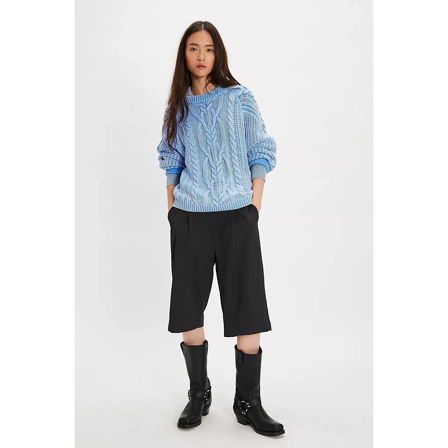 Free People Frankie Cable Sweater in Della Robbia Blue