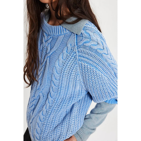 Free People Frankie Cable Sweater in Della Robbia Blue