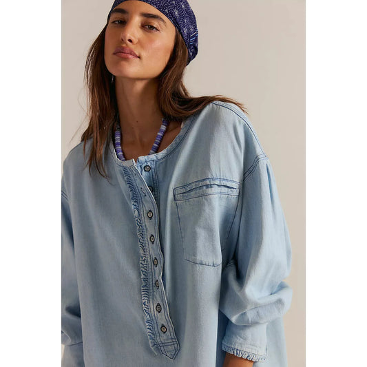 Free People We the Free Denim Dreaming Pullover in So Soft Light Wash