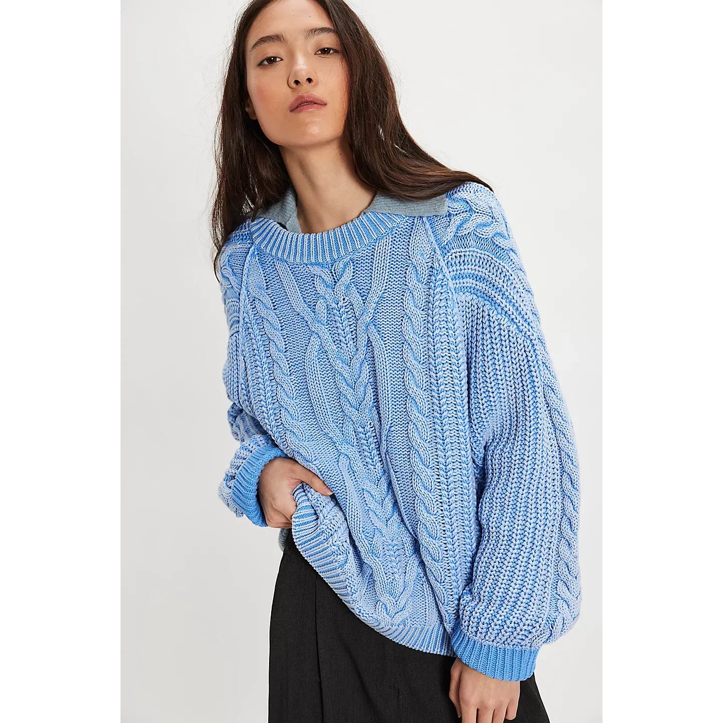 Free People Frankie Cable Sweater in Della Robbia Blue
