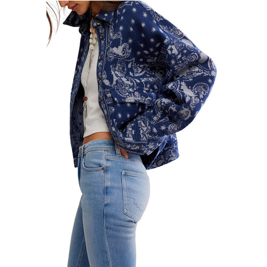 Free People Bandana Jacquard Shirt Jacket in Indigo Combo