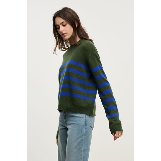 Velvet by Graham & Spencer Diana Cashmere Striped Sweather in Military/Blue