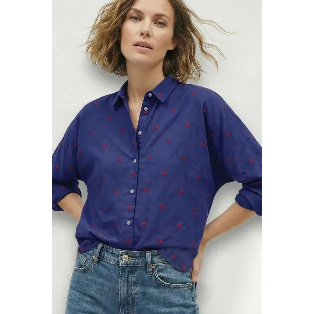 Lilla P Embroidered Hearts Button Down in Navy