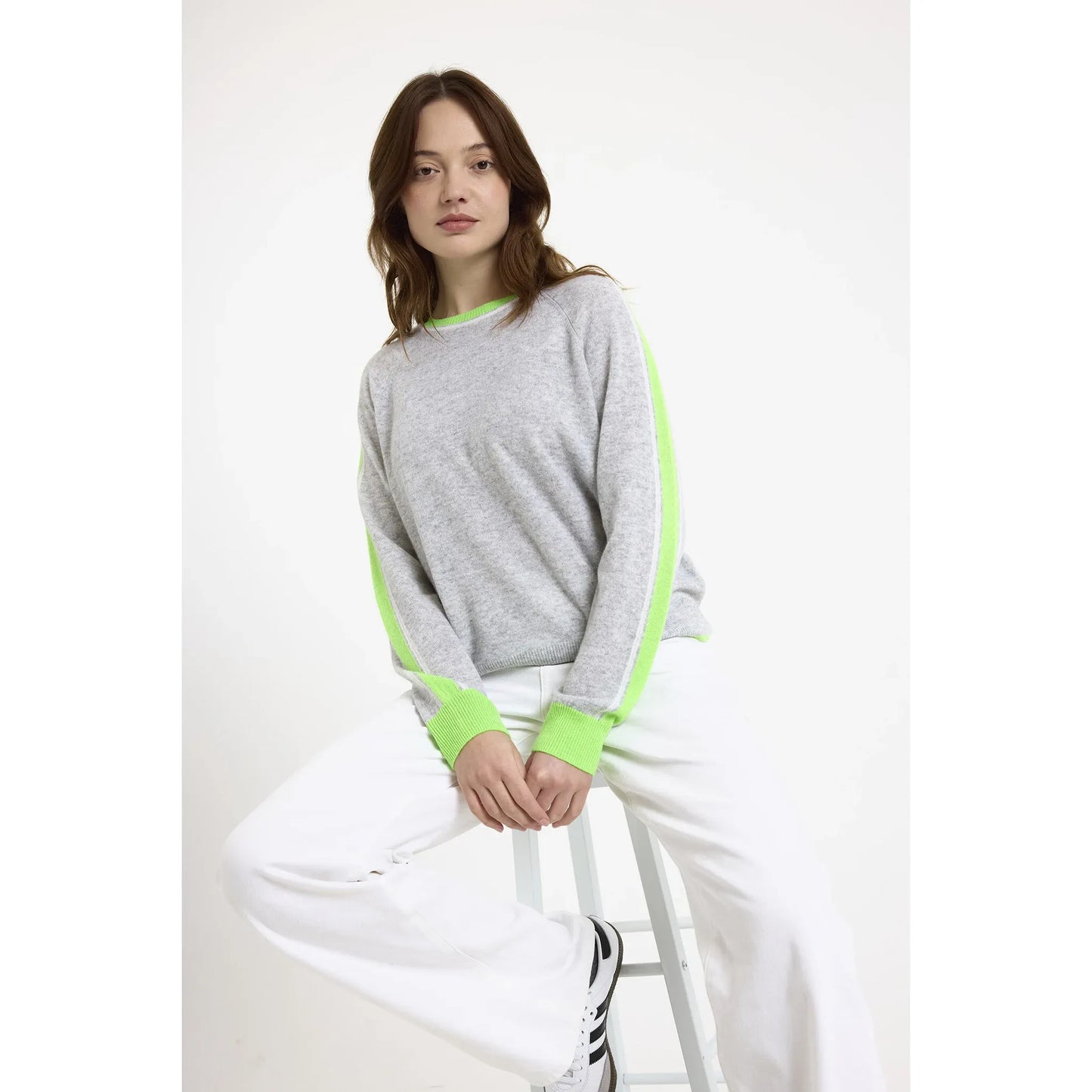 Brodie 100% Cashmere Striped Sleeve Mini Sweater in Super Grey