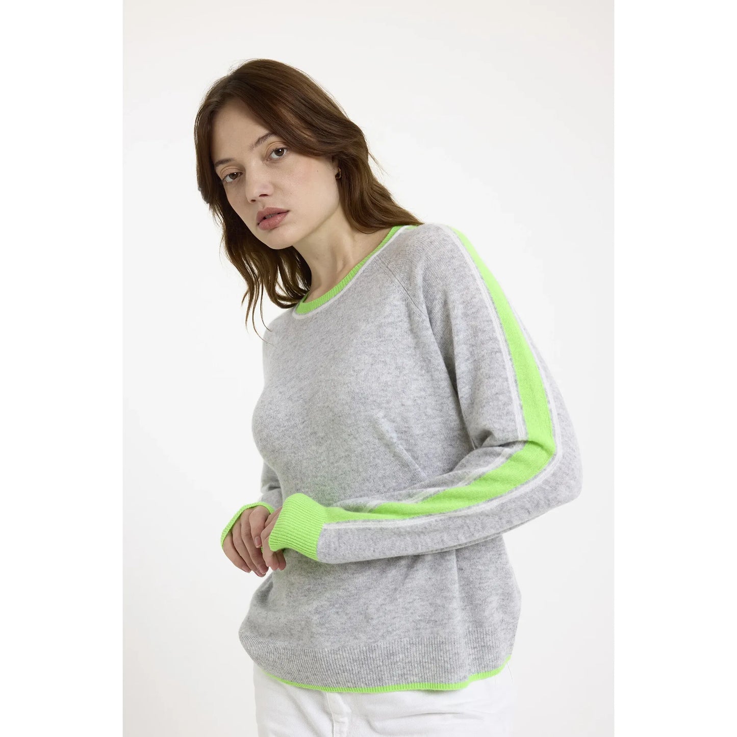 Brodie 100% Cashmere Striped Sleeve Mini Sweater in Super Grey