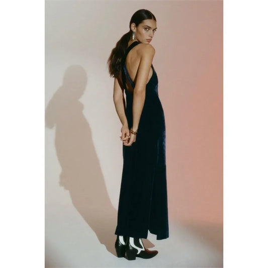 Anthropologie Navy Halter Velvet Maxi Dress