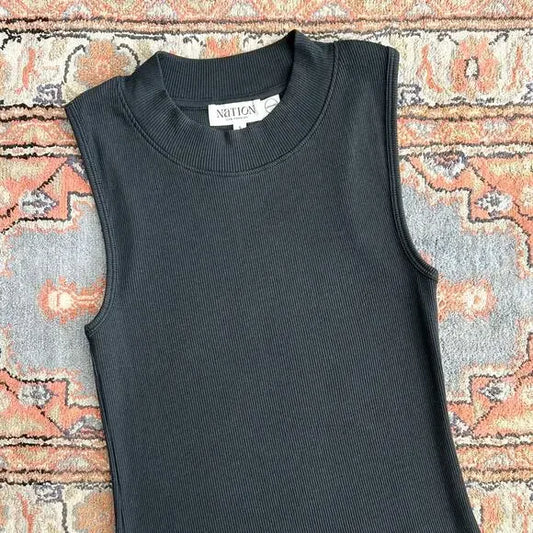 Nation Mock Neck Rib Knit Joan Tank Top in Black