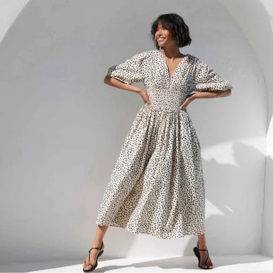 The Extra Extra Soft Spot Animal Leopard Print Smocked Midi Dress