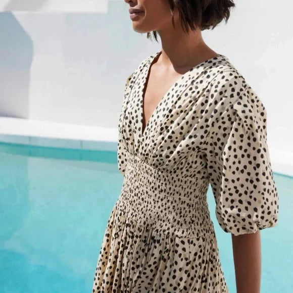 The Extra Extra Soft Spot Animal Leopard Print Smocked Midi Dress