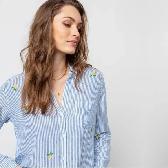 Rails Charli Blue Wite Vertical Stripes with Yellow/Green Embroidered Flowers