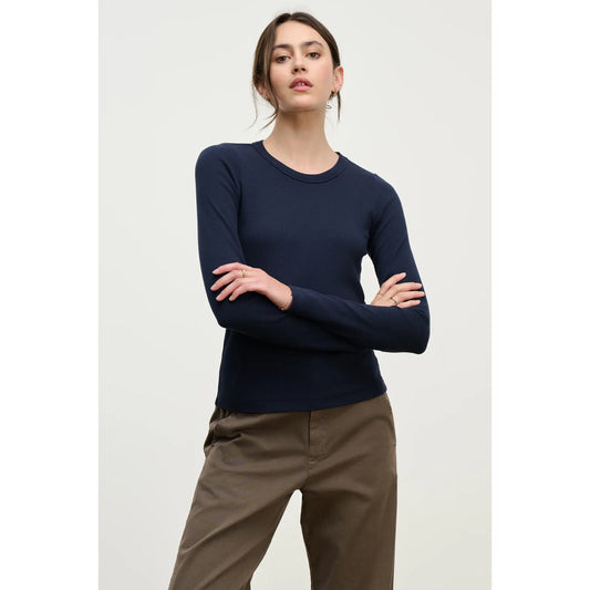 Velvet by Graham & Spencer Lottla Rib Poplin Mix Long Sleeve Crew in Navy