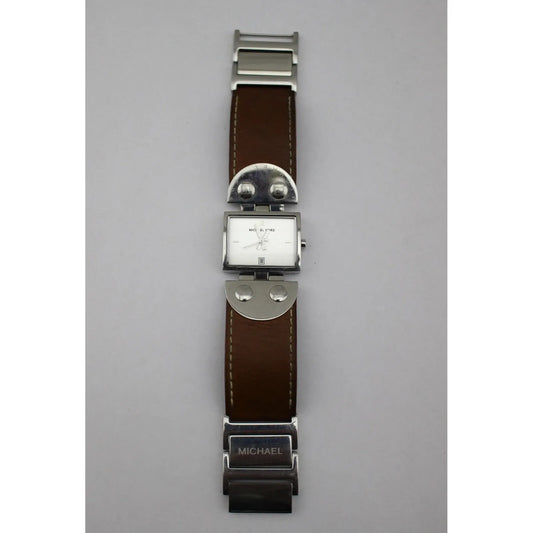 Michael Kors Brown Leather Silver Tone Stainless Steel Studded Watch