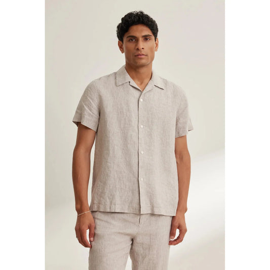 Velvetmen Julius Linen Stripe Button Up Shirt in Flax