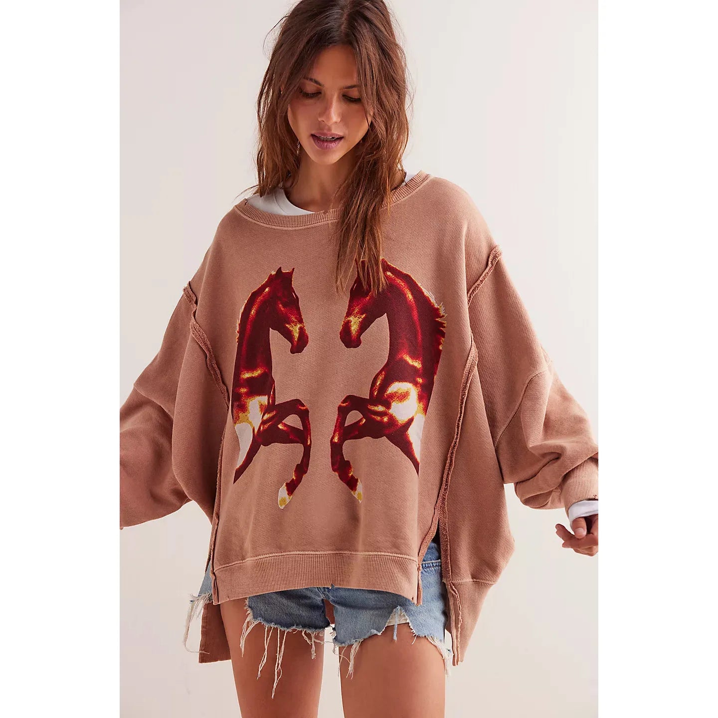 Free People We The Free Graphic Camden Pullover in Mirrored Horses