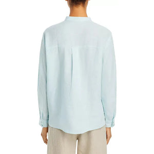 Eileen Fisher Organic Linen Mandarin Collar Long Sleeve Henley Blouse in Clearwater