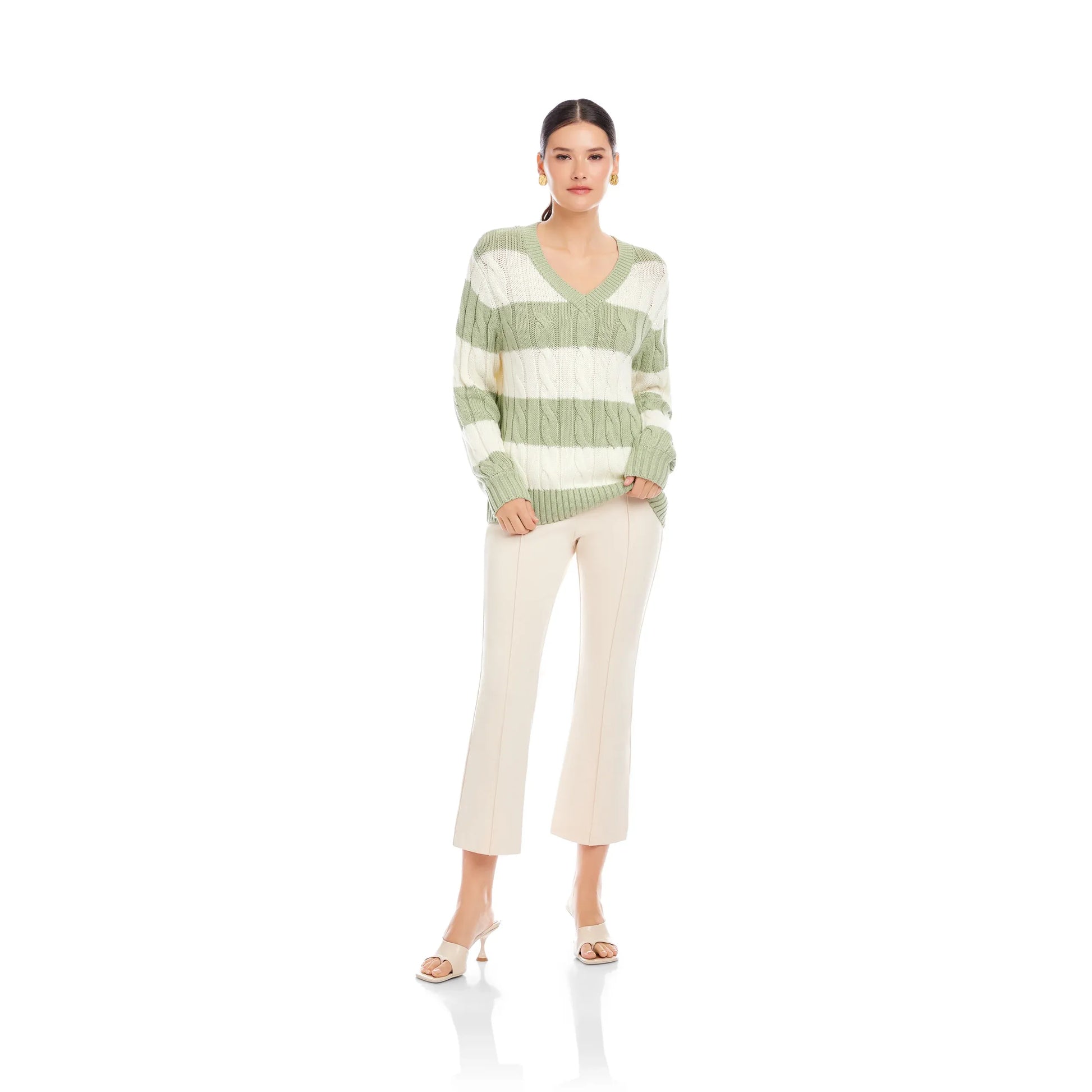 Fifteen Twenty Avalee Striped Cable Sweater in Sage and Cream