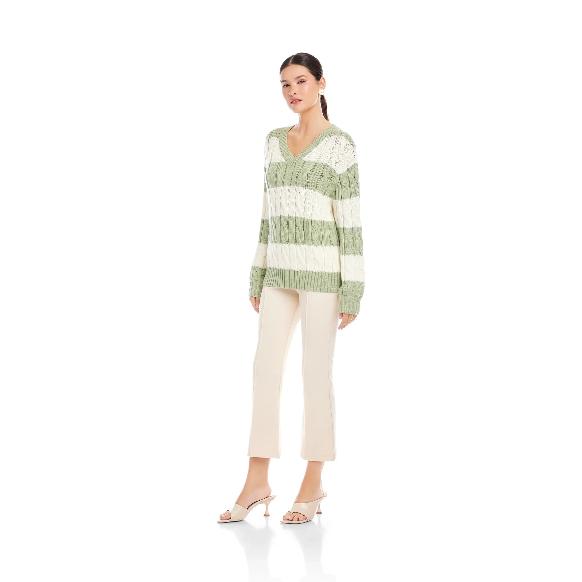 Fifteen Twenty Avalee Striped Cable Sweater in Sage and Cream
