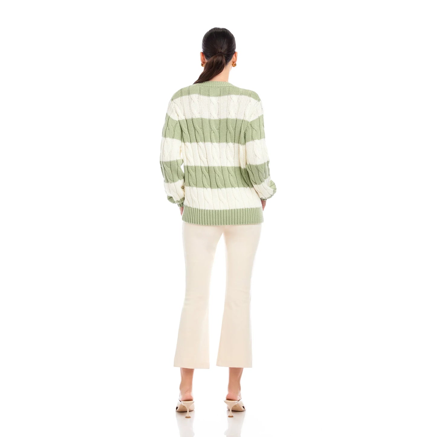 Fifteen Twenty Avalee Striped Cable Sweater in Sage and Cream