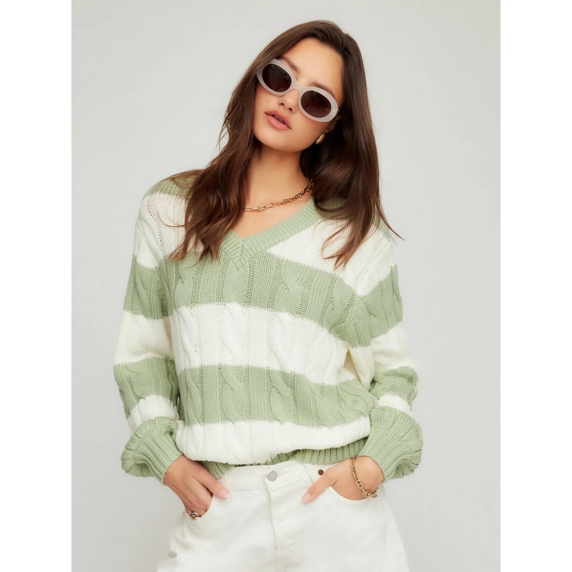 Fifteen Twenty Avalee Striped Cable Sweater in Sage and Cream