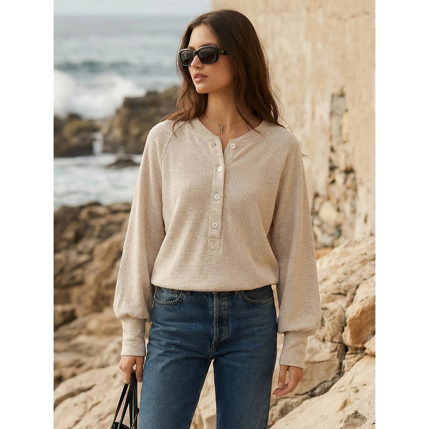 Fifteen Twenty Mara Henley Top in Oatmeal