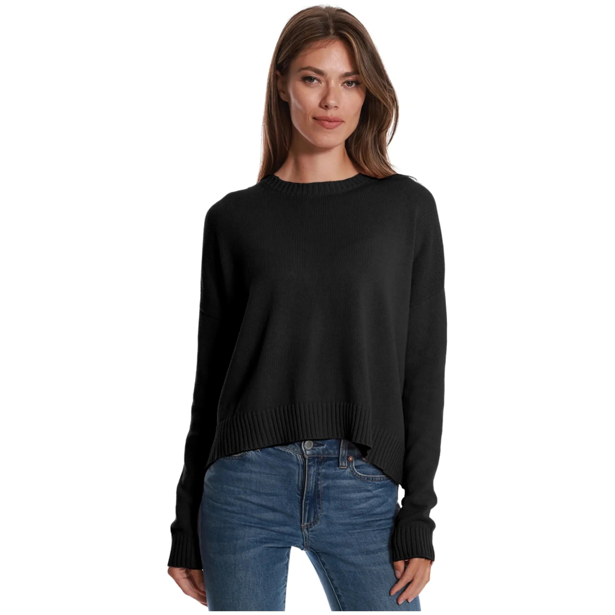 Minnie Rose Cotton Cashmere Boxy Crew Neck Top in Black 8932