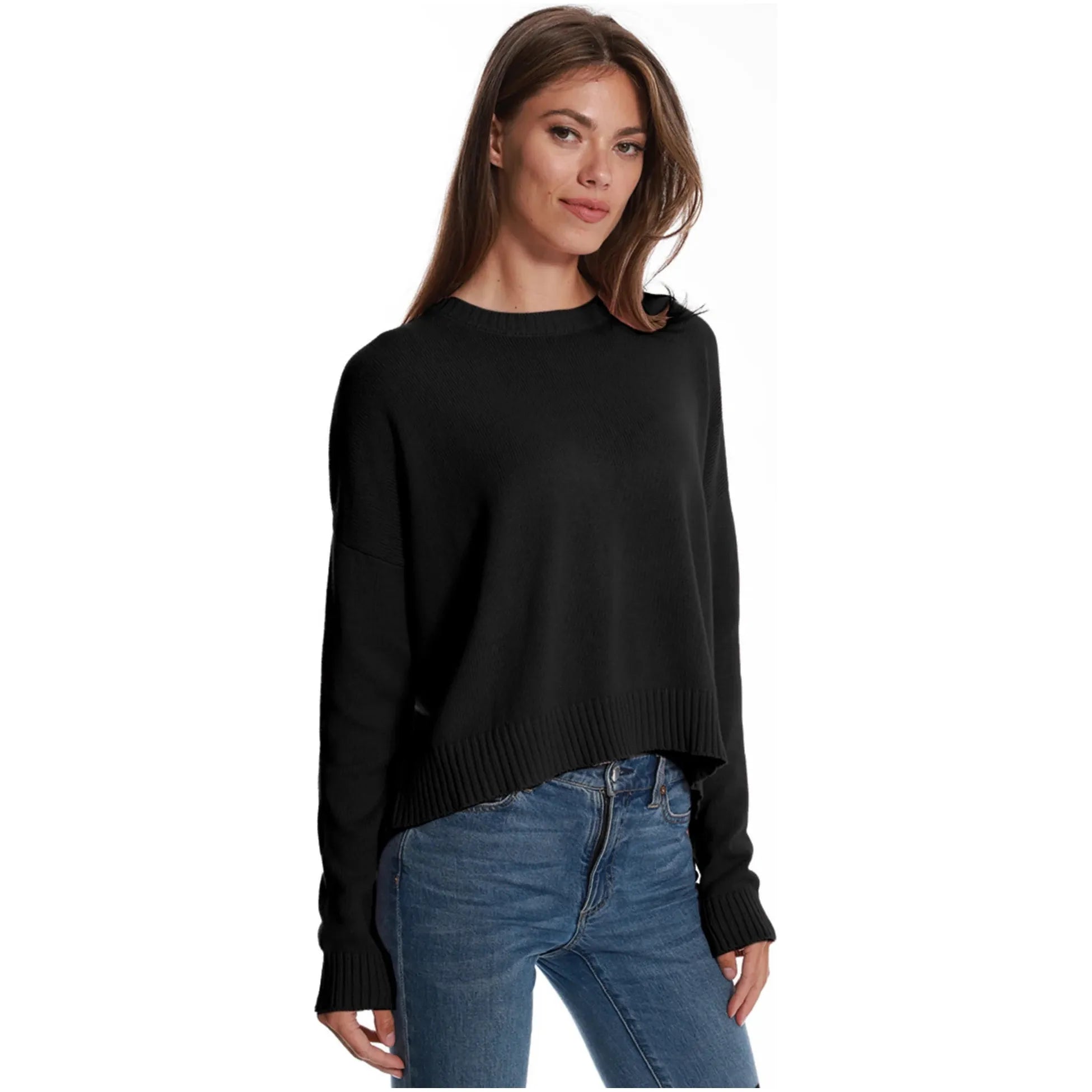 Minnie Rose Cotton Cashmere Boxy Crew Neck Top in Black 8932