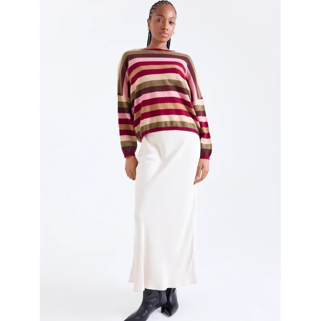 Brodie Stripe Up Cashmere Crew Neck Jumper in Autumn Stripes