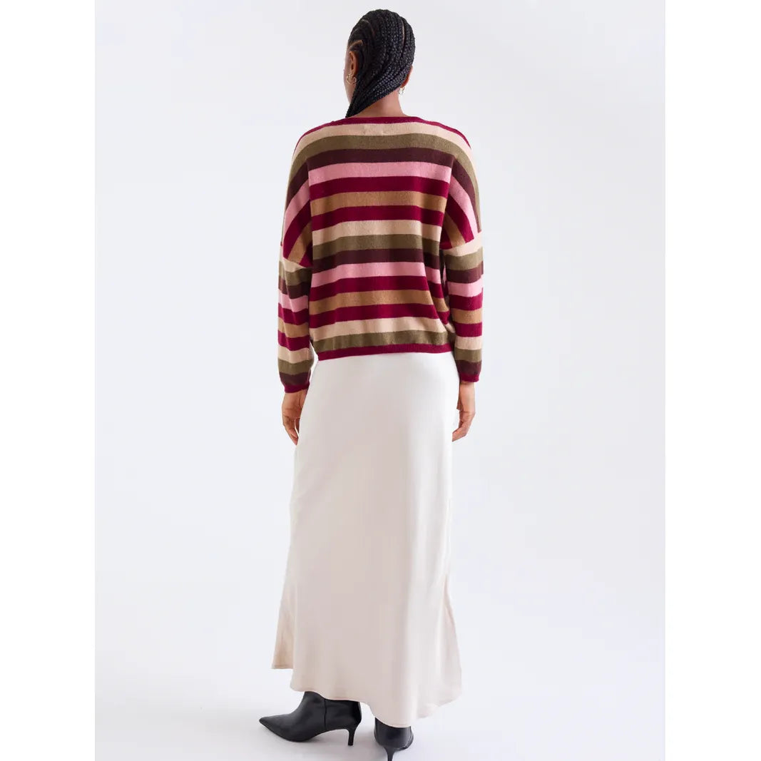 Brodie Stripe Up Cashmere Crew Neck Jumper in Autumn Stripes