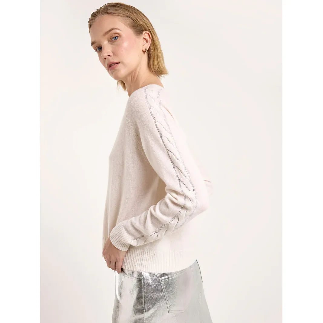 Brodie 100% Cashmere Crystal Cable Sleeve Cashmere Jumper in Organic White