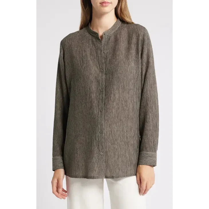 Eileen Fisher Mandarin Collar Plisse Shirt in Taupe