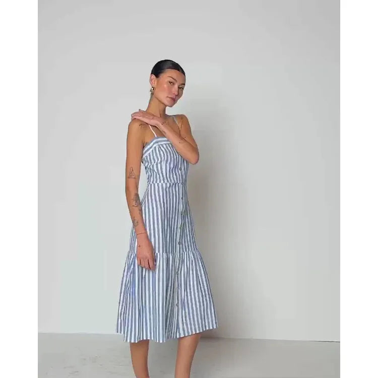 Nation Luciana Stripe Single Tier Dress in Parisian Blue Stripe