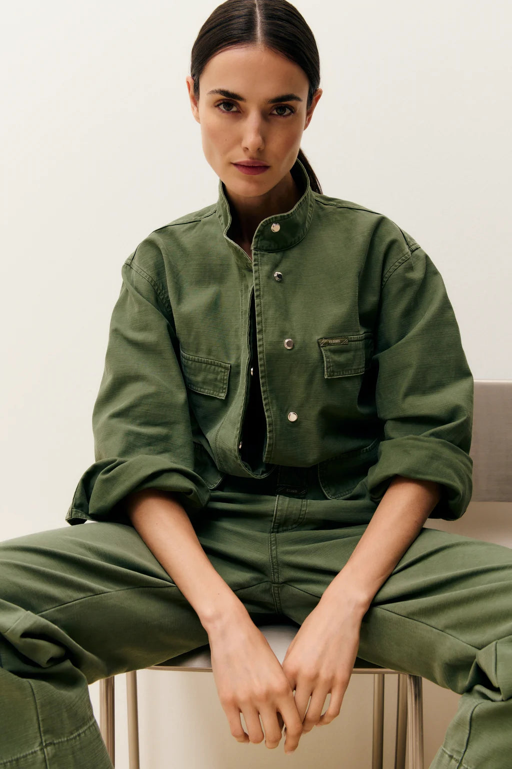 Closed Cotton Utility Cropped Field Jacket in Matcha Green