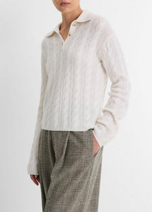 Vince Cable-Knit Wool-Blend Polo Sweater in Off White